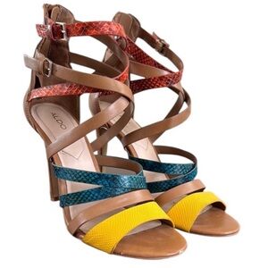 Aldo multicolor, snakeskin strap, high heels, sandals size 8.5